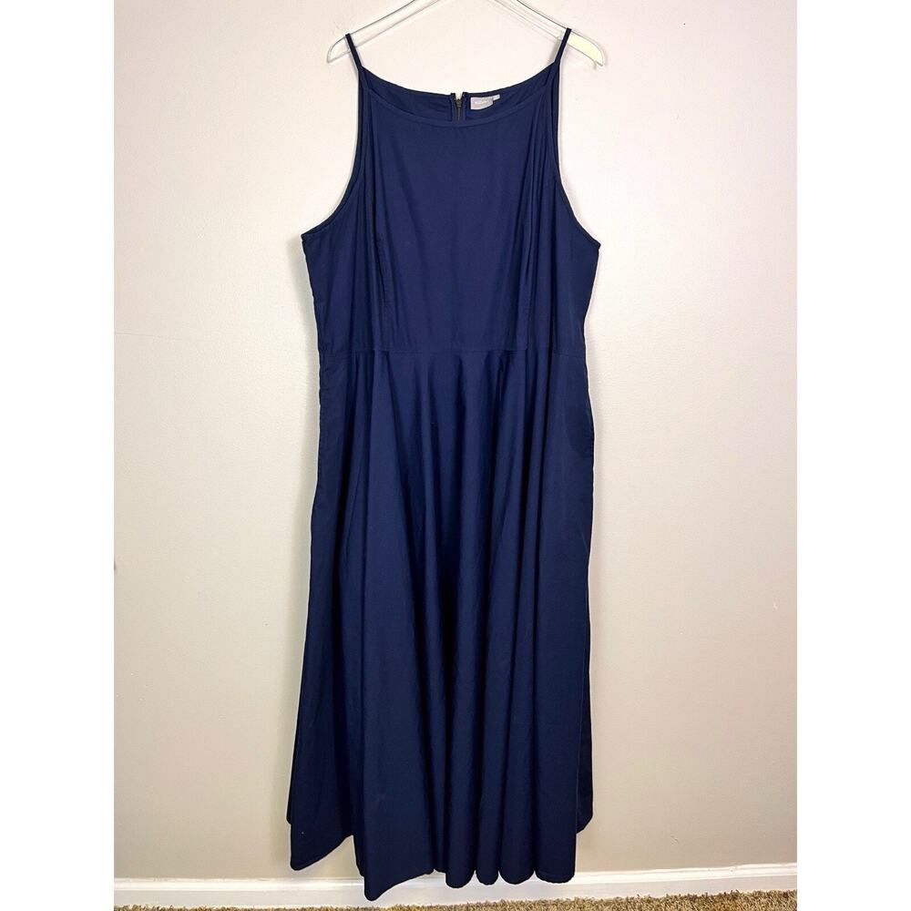 eShakti Navy Blue 100% Cotton Belted Maxi Dress Minimalist Pockets Size 32W 5X